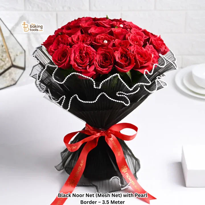 Black Noor Net (Mesh Net) with Pearl Border – 3.5 Meter | Cake, Bouquet & Hamper Wrapping