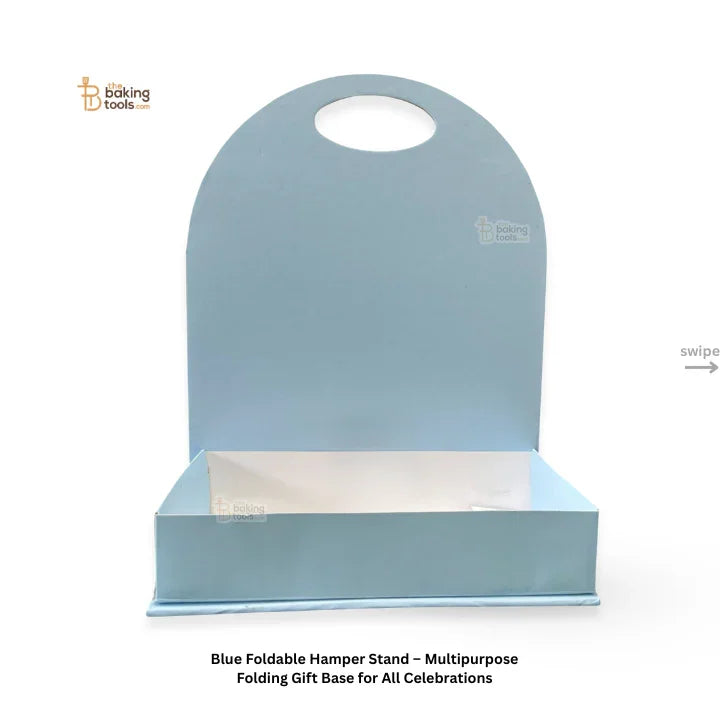 Blue foldable hamper stand with white interior on a white background