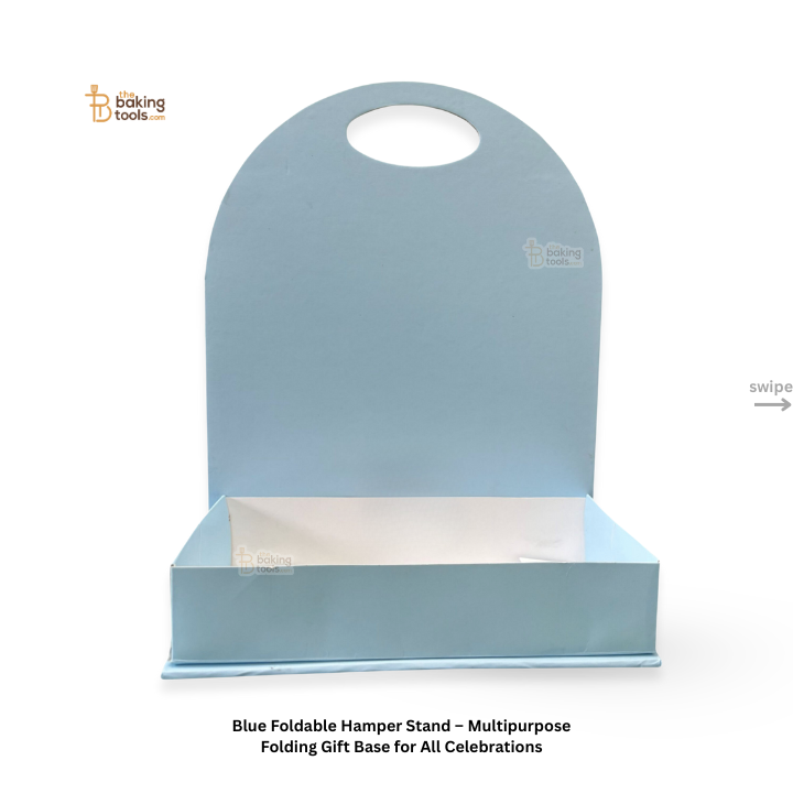 Blue foldable hamper stand with white interior on a white background