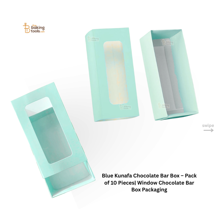 Bue Kunafa chocolate bar boxes with a window on a white background