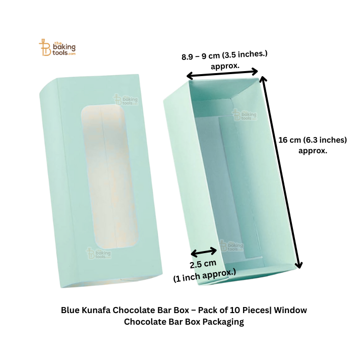 Blue Kunafa Chocolate Bar Box packaging with dimensions