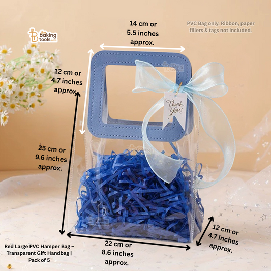 Transparent PVC bag with blue shredded paper and a white bow, with dimensions labeled.