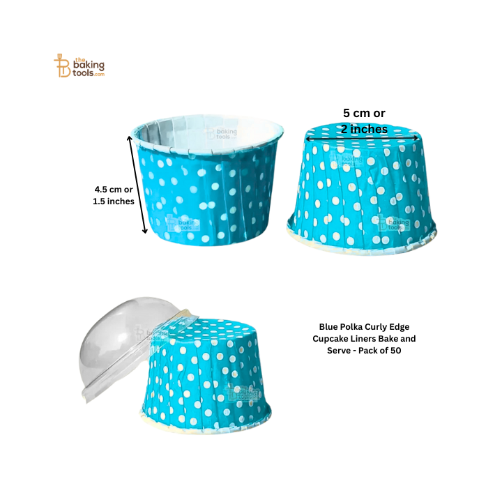 Blue Polka Dot Curly Edge Cupcake Liners Bake And Serve Muffin Cup - Pack of 50