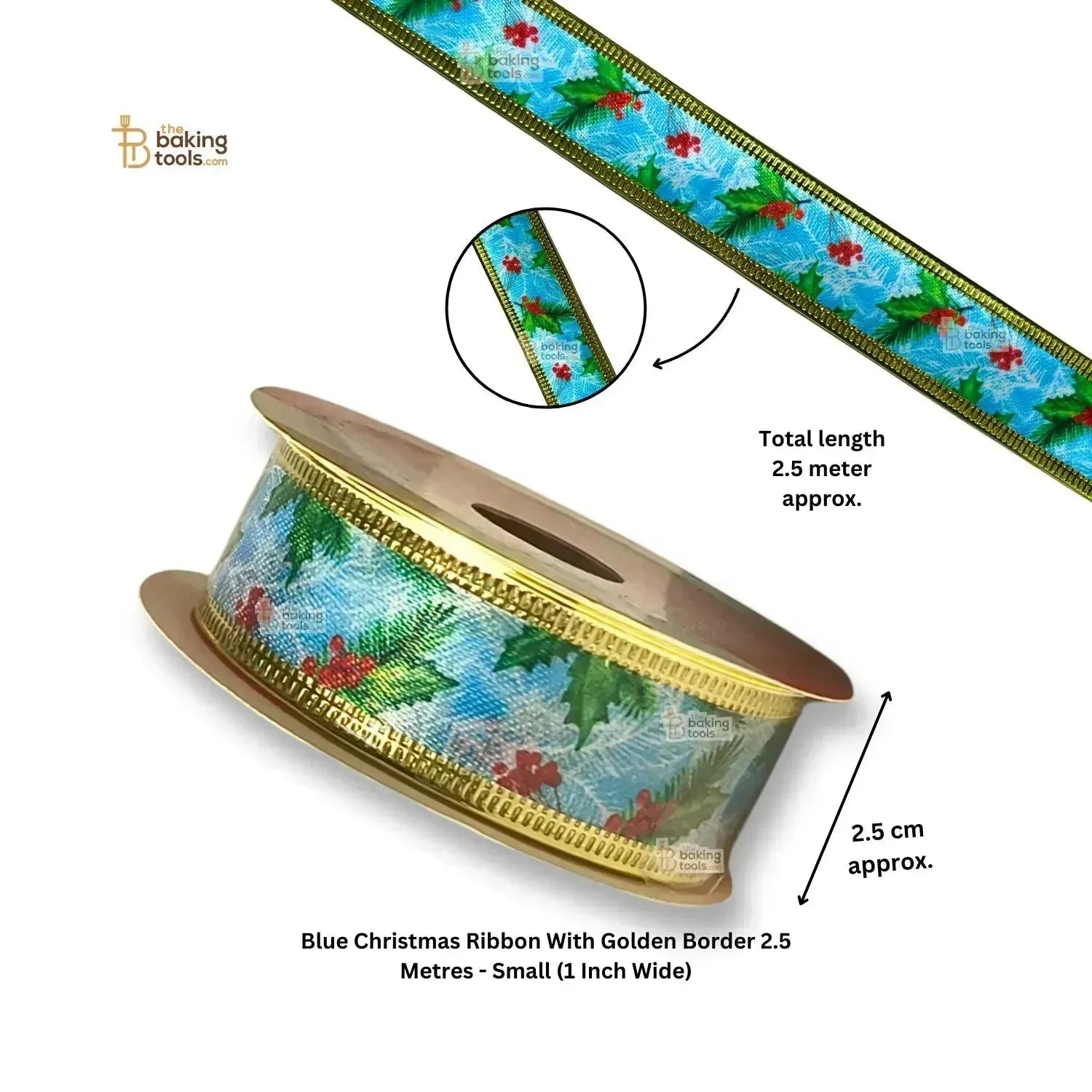 Blue Christmas Ribbon With Golden Border 2.5 Metres - Small (1 Inch Wide) - thebakingtools.com