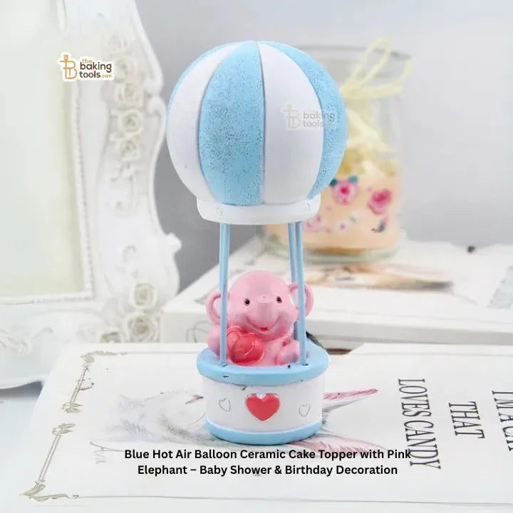 Blue Hot Air Balloon Ceramic Cake Topper with Pink Elephant – Baby Shower & Birthday Decoration