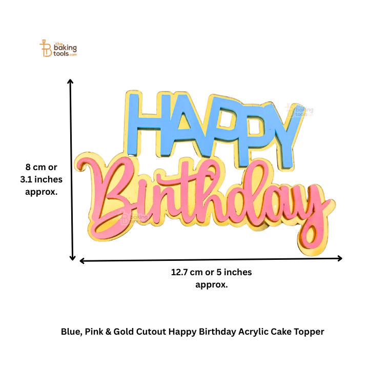 Blue, Pink & Gold Cutout Happy Birthday Acrylic Cake Topper