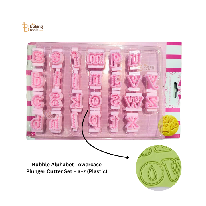 Pink alphabet letter stamps in packaging with a small green stamp showing letter 'O'.