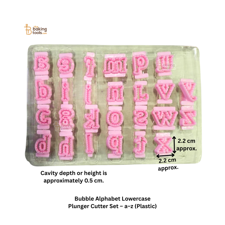 Set of pink bubble alphabet lowercase plunger cutters in a clear plastic tray with dimensions indicated.