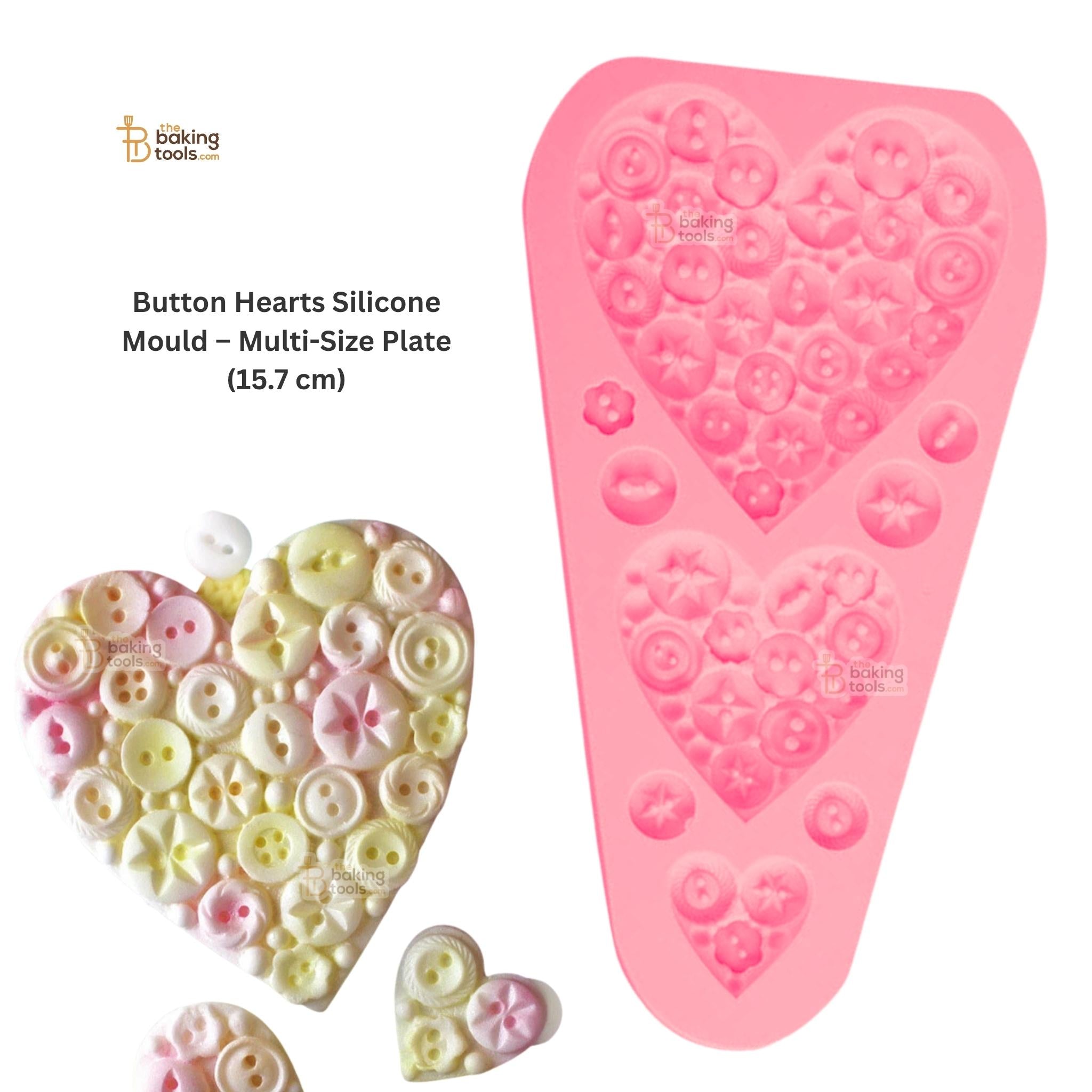 Pink heart-shaped silicone mold with button designs and a sample of button hearts on a white background.