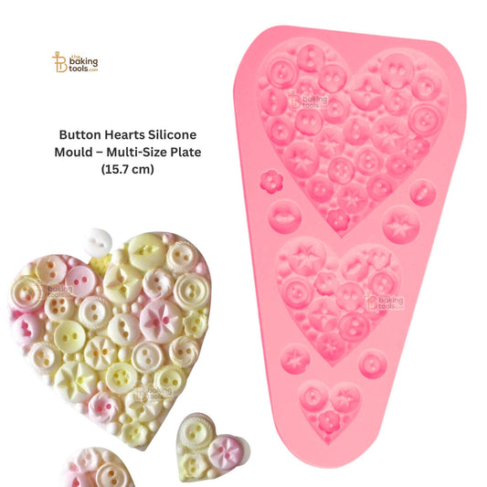 Pink heart-shaped silicone mold with button designs and a sample of button hearts on a white background.