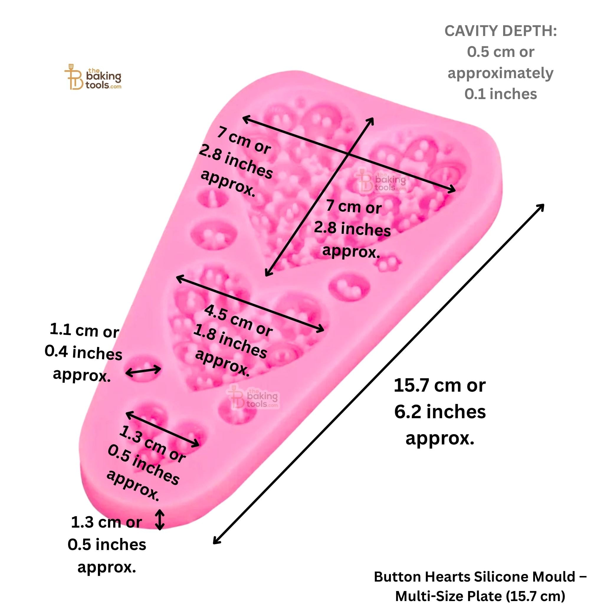 Pink silicone mould with measurements on a white background