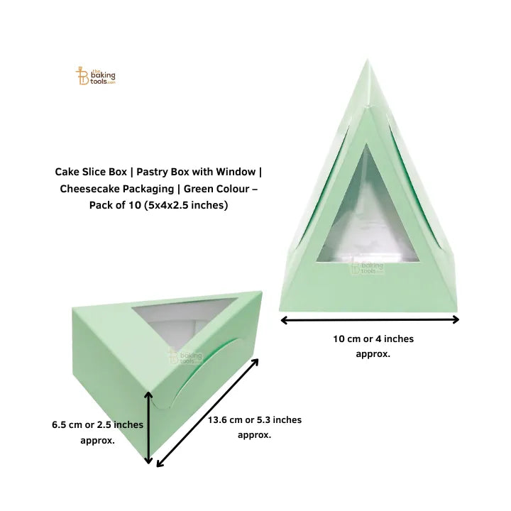 Cake Slice Box | Pastry Box with Window | Cheesecake Packaging | Green Colour – Pack of 10 (5x4x2.5 inches)