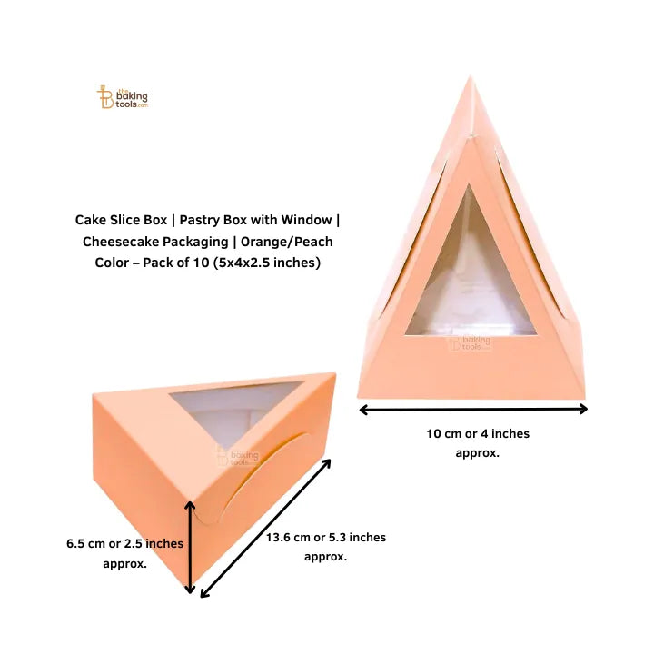 Cake Slice Box | Pastry Box with Window | Cheesecake Packaging | Orange/Peach Color – Pack of 10 (5x4x2.5 inches)