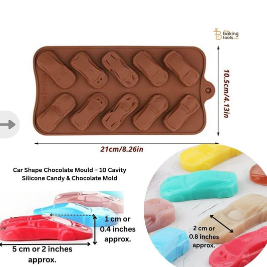 Silicone candy mould with car shapes, dimensions