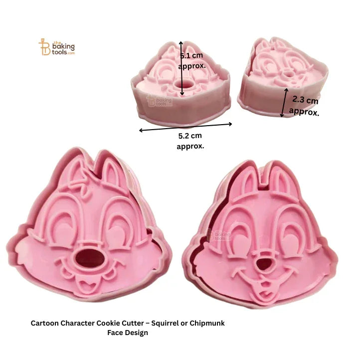 Cartoon character cookie cutters with measurements on a white background