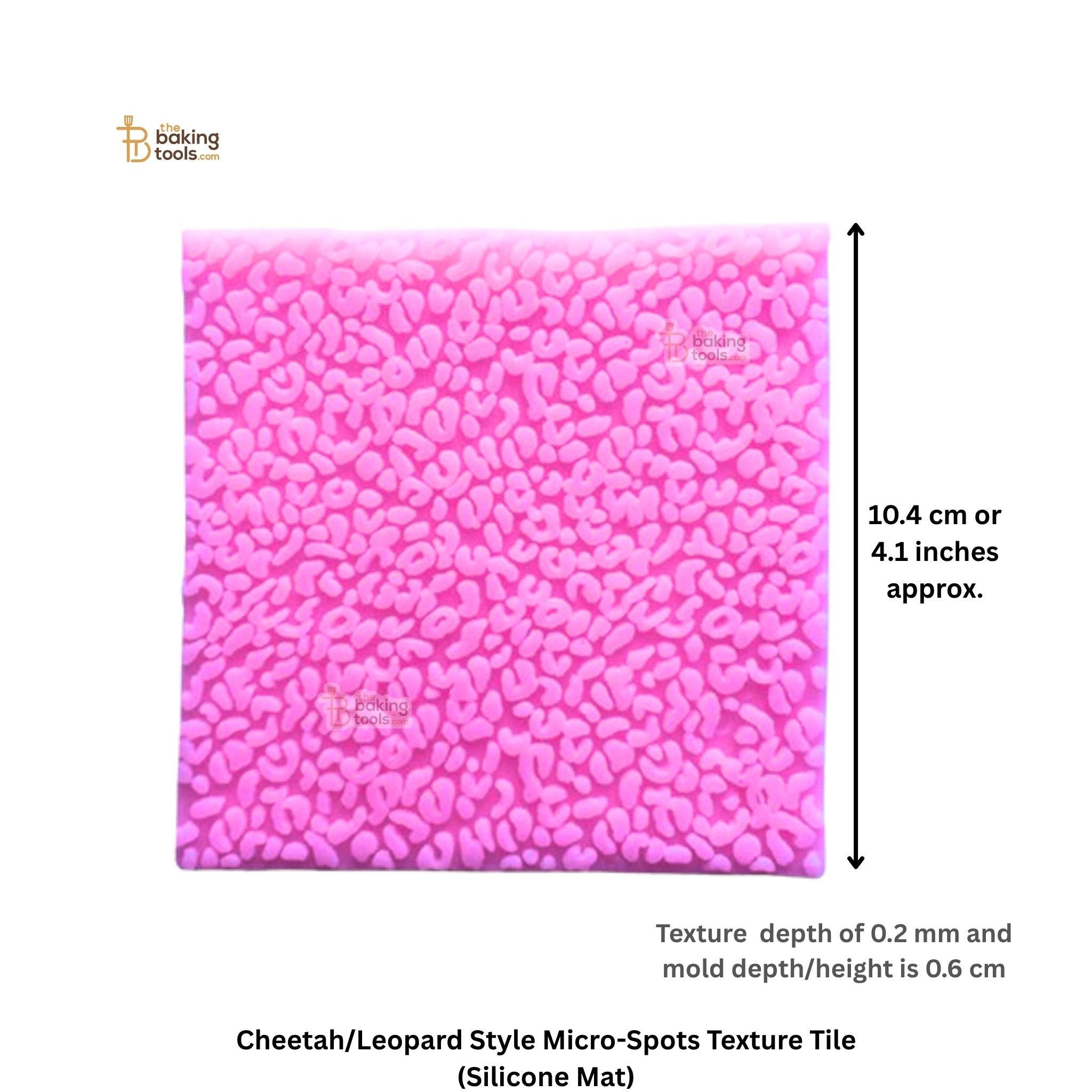 Pink silicone mat with cheetah/leopard pattern, texture depth, and dimensions displayed.