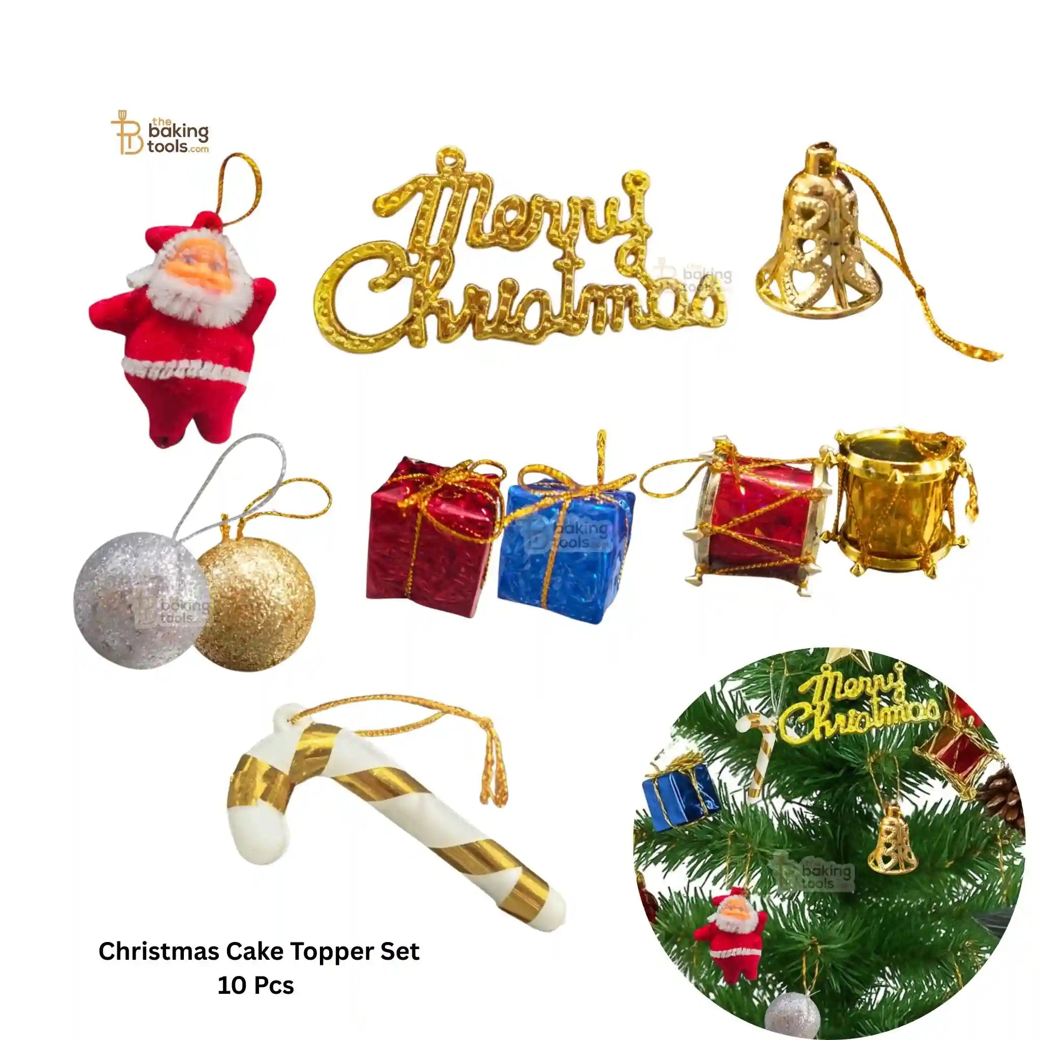 Xmas cake toppers or Christmas ornament set including Santa Claus, gold bell, candy cane, 2 gift boxes,2 glitter balls, 2 drums and "Merry Christmas" Tag on a white background. Christmas Cake Topper Set 10 Pcs by The Baking Tools
