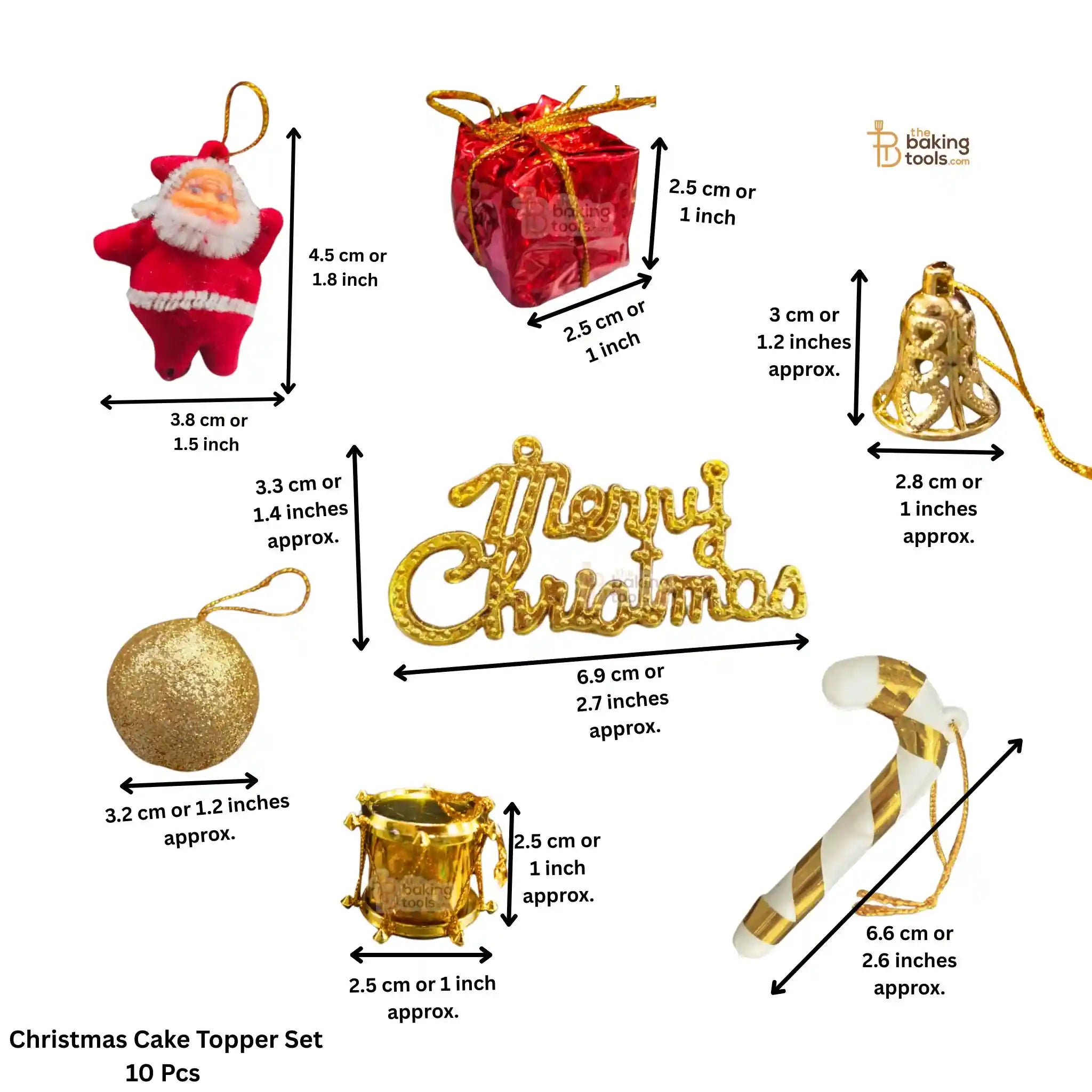 Christmas cake topper set with measurements and details on a white background