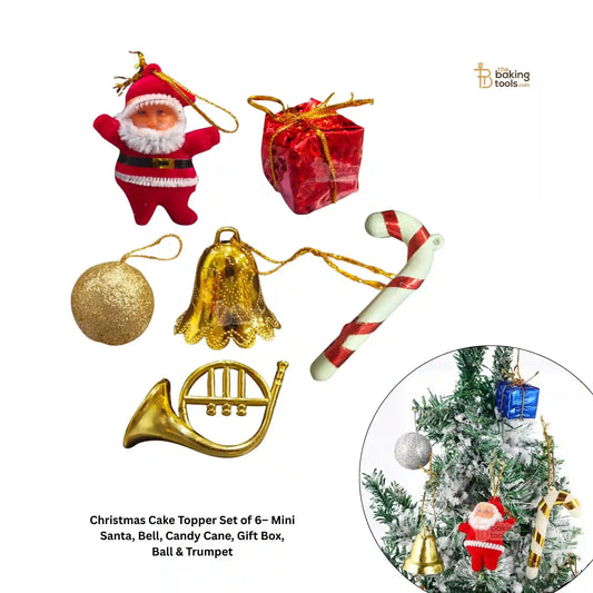 Christmas Cake Topper Set of 6 Mini Santa Bell Candy Cane Gift Box Ball Trumpet