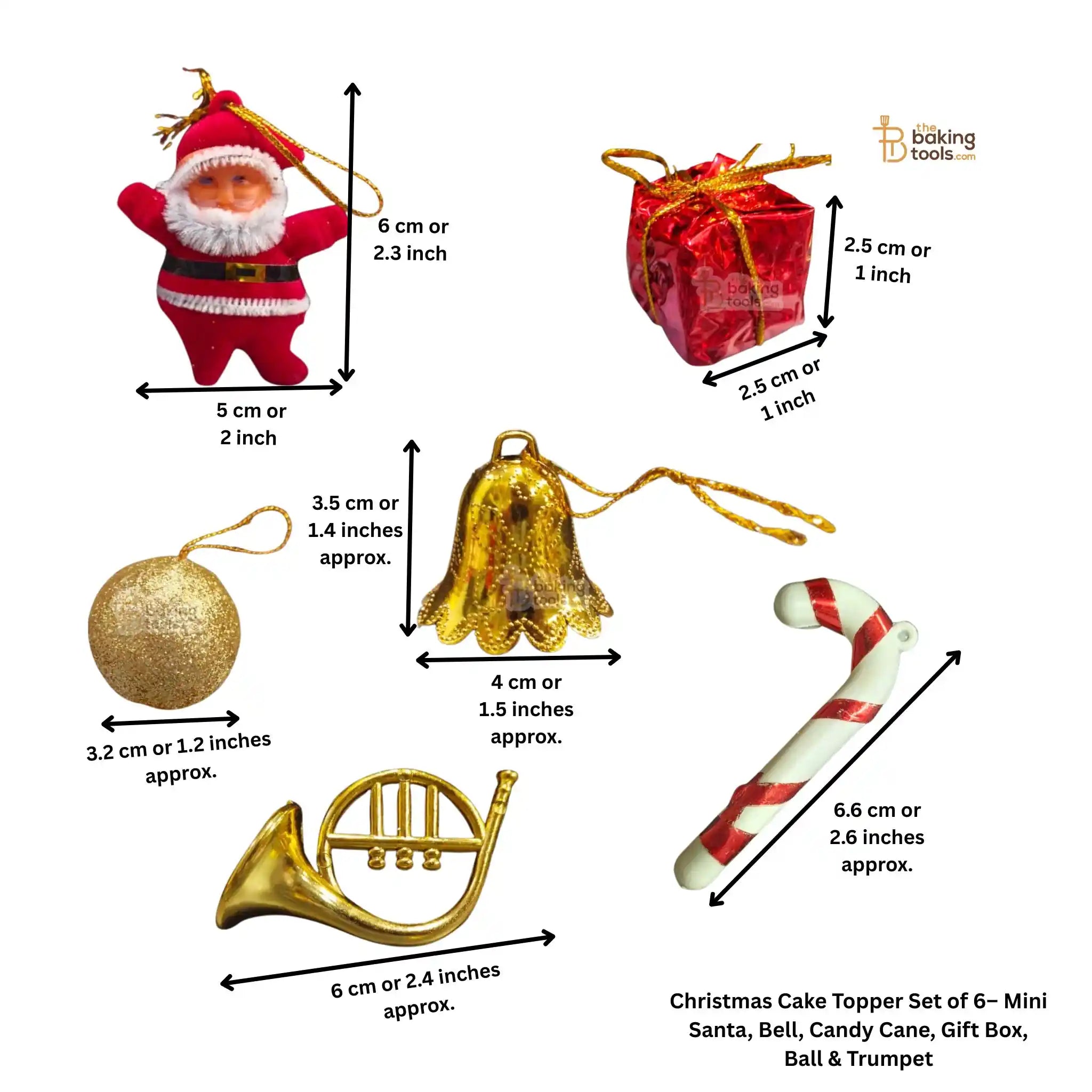 Set of Christmas cake toppers with measurements on a white background