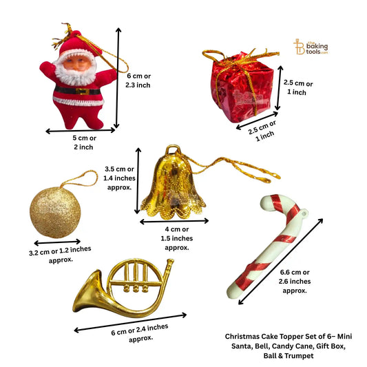 Set of Christmas cake toppers with measurements on a white background
