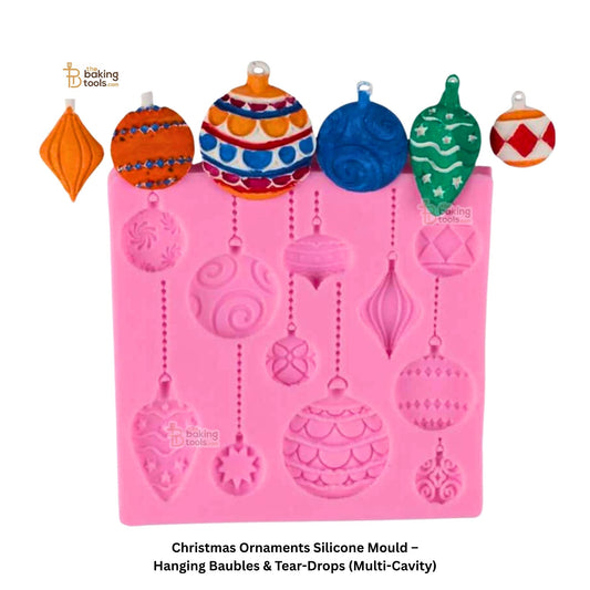 Pink Christmas ornaments silicone mold with colorful examples on a white background