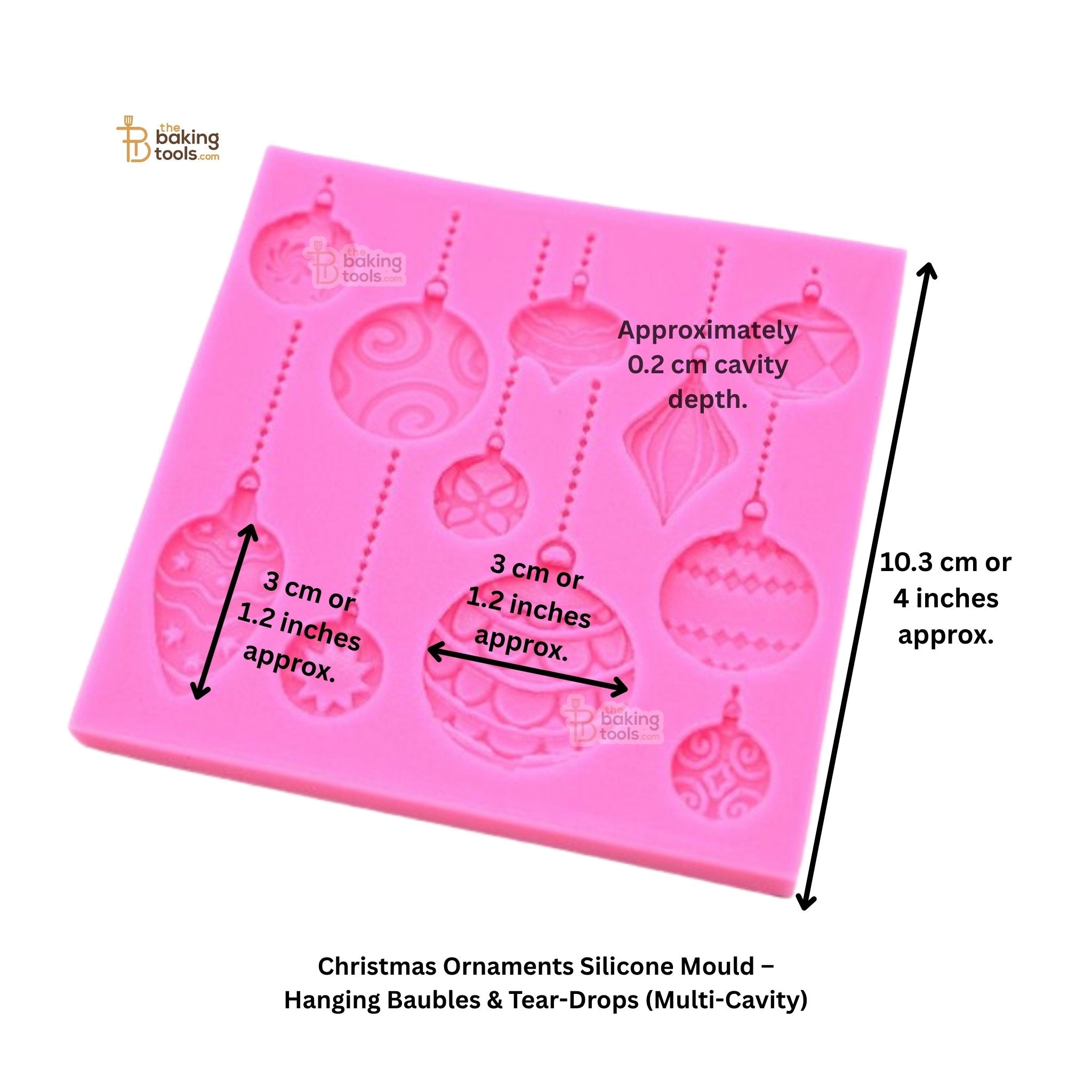 Pink silicone mold for Christmas ornaments with dimensions and cavity depth details on a white background.