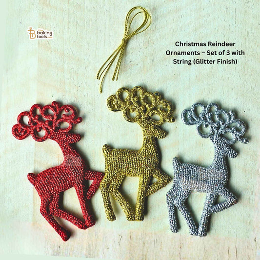 Set of three Christmas reindeer ornaments with glitter finish on a light background
