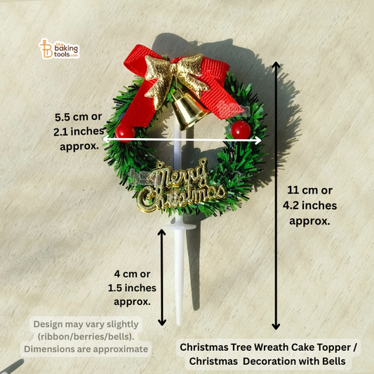 Christmas tree wreath cake topper with bells and dimensions on a beige background
