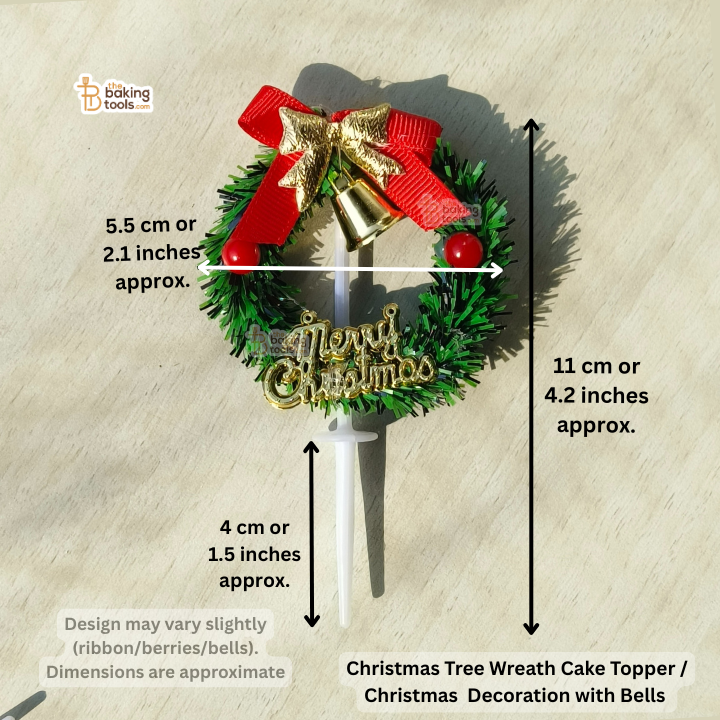 Christmas tree wreath cake topper with bells and dimensions on a beige background