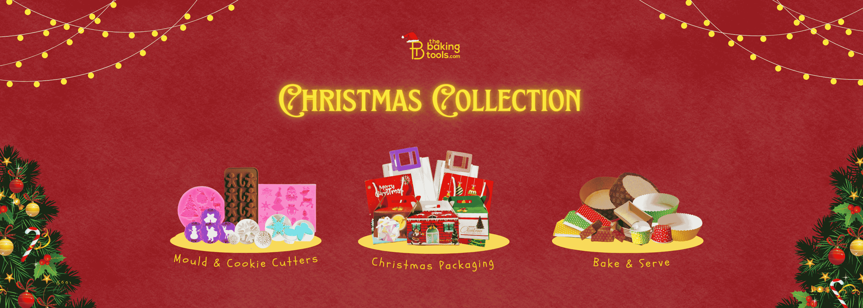 Christmas baking tools collection banner featuring silicone moulds, cookie cutters, festive cake packaging, bake and serve cups, and holiday baking supplies from TheBakingTools.com on a red Christmas background.