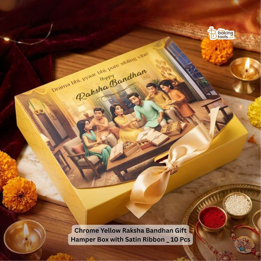 Chrome Yellow Raksha Bandhan Gift Hamper Box with Satin Ribbon _ 10 Pcs