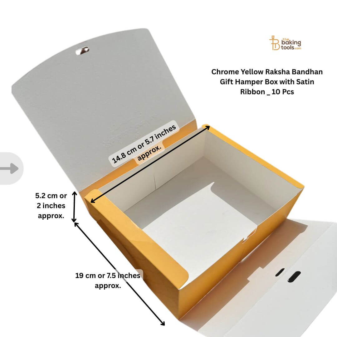 Chrome Yellow Raksha Bandhan Gift Hamper Box with Satin Ribbon _ 10 Pcs _ The Baking Tools with measurment