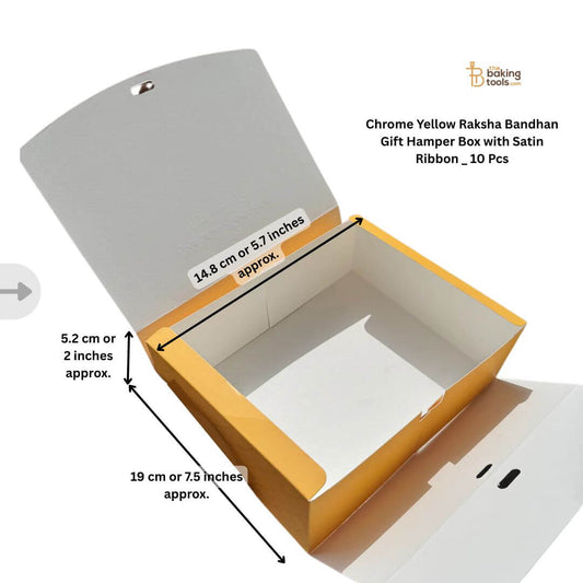 Chrome Yellow Raksha Bandhan Gift Hamper Box with Satin Ribbon _ 10 Pcs _ The Baking Tools with measurment