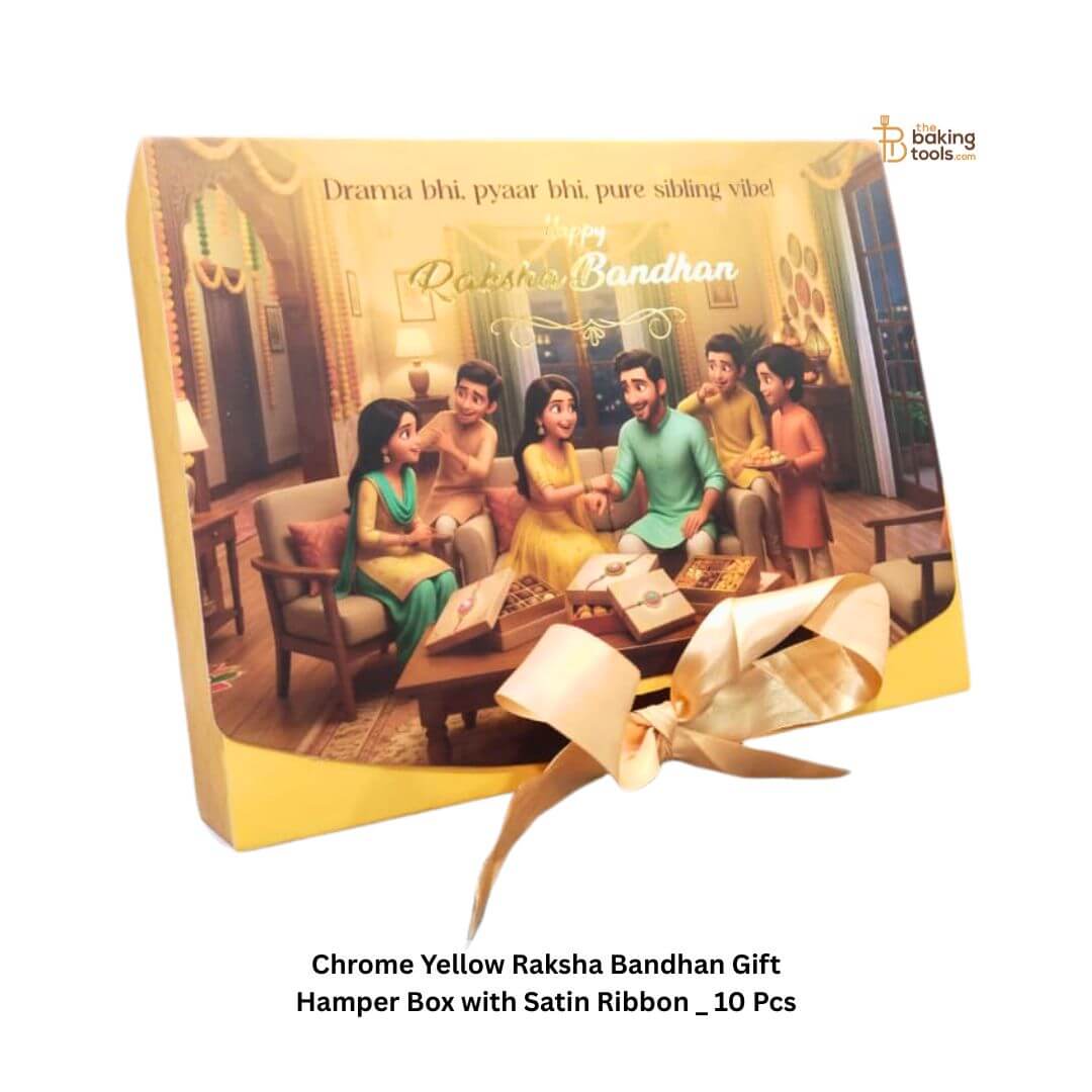 Chrome Yellow Raksha Bandhan Gift Hamper Box with Satin Ribbon _ 10 Pcs _ The Baking Tools