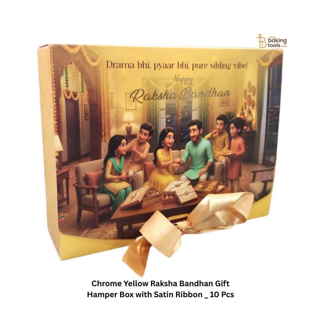 Chrome Yellow Raksha Bandhan Gift Hamper Box with Satin Ribbon _ 10 Pcs _ The Baking Tools from vertical angle