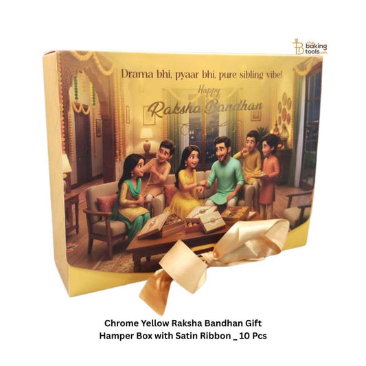 Chrome Yellow Raksha Bandhan Gift Hamper Box with Satin Ribbon _ 10 Pcs _ The Baking Tools from vertical angle