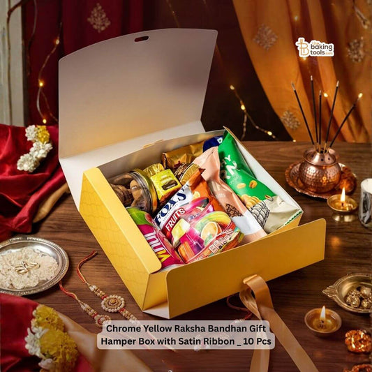 Chrome Yellow Raksha Bandhan Gift Hamper Box with Satin Ribbon _ 10 Pcs _ The Baking Tools with snacks inside for demonstration