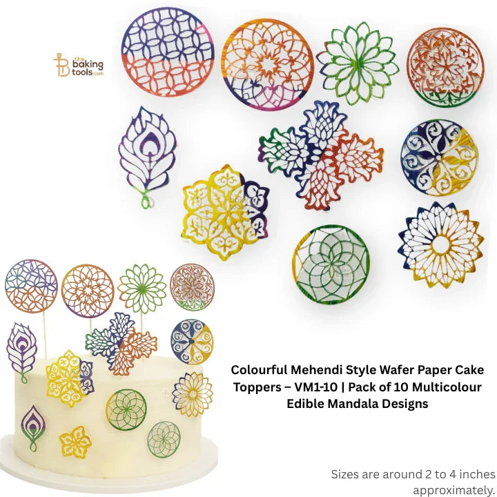 Colourful Mehendi Style Wafer Paper Cake Toppers – VM1-10 | Pack of 10 Multicolour Edible Mandala Designs