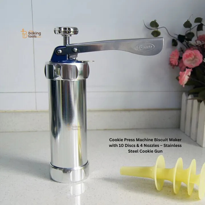 Cookie Press Machine Biscuit Maker with 10 Discs & 4 Nozzles – Stainless Steel Cookie Gun