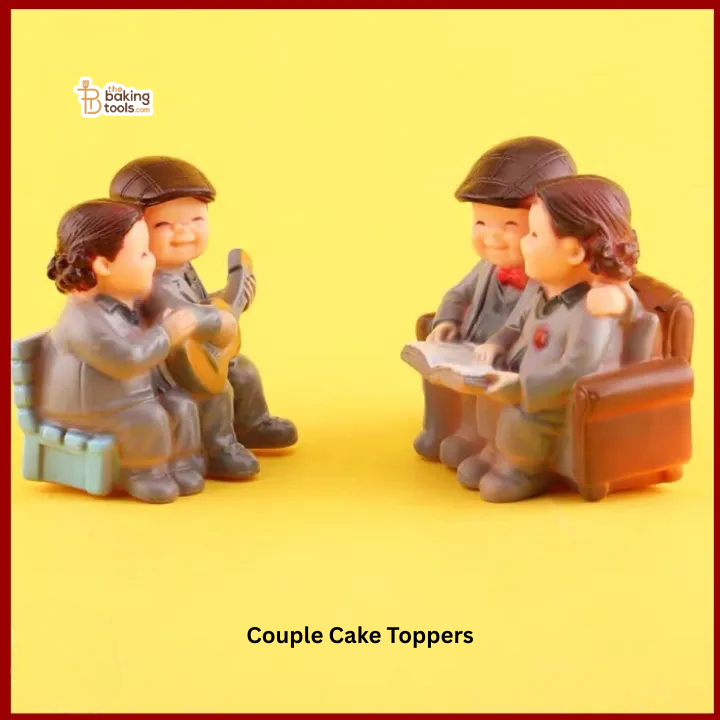 Couple cake toppers on a yellow background from baking tools