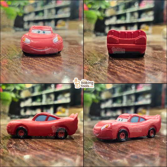 Collage of a red toy car on a wooden surface with blurred background