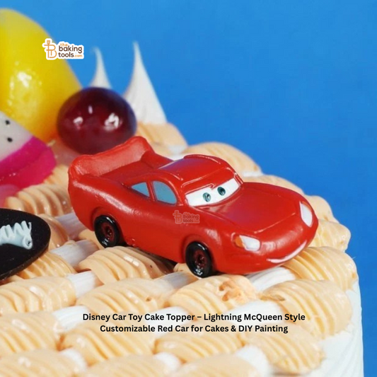 Red toy car on a cake with text about Disney Car Toy Cake Topper
