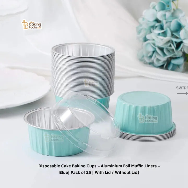 Disposable Cake Baking Cups – Aluminium Foil Muffin Liners – Blue (120 ml) | Pack of 25 | With Lid