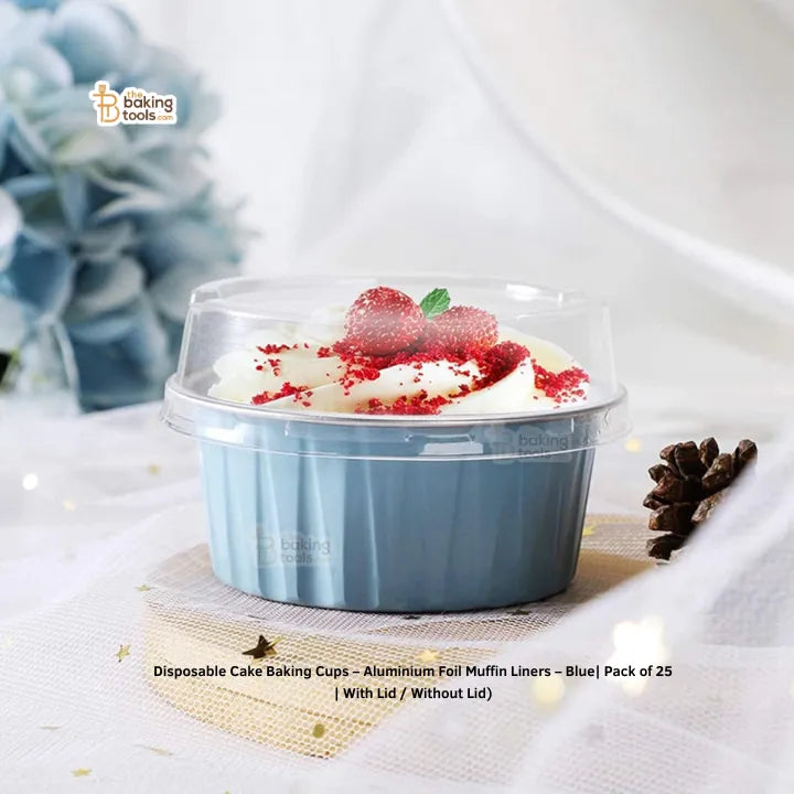 Disposable Cake Baking Cups – Aluminium Foil Muffin Liners – Blue (120 ml) | Pack of 25 | With Lid