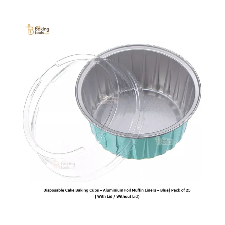 Disposable Cake Baking Cups – Aluminium Foil Muffin Liners – Blue (120 ml) | Pack of 25 | With Lid