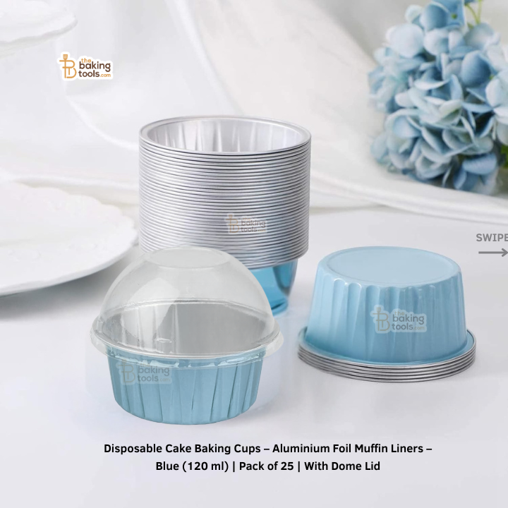 Disposable Cake Baking Cups – Aluminium Foil Muffin Liners – Blue (120 ml) | Pack of 25 | With Dome Lid