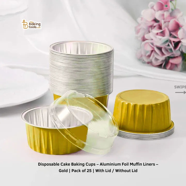 Disposable Cake Baking Cups – Aluminium Foil Muffin Liners – Gold (120 ml) | Pack of 25 | With Lid / Without Lid