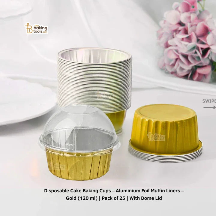 Disposable Cake Baking Cups – Aluminium Foil Muffin Liners – Gold (120 ml) Pack of 25 With Dome Lid