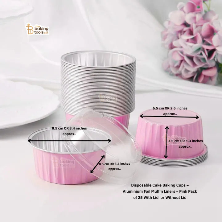 Disposable Cake Baking Cups – Aluminium Foil Muffin Liners Size 6.5×3.5 cm – Pink (120 ml) With Lid Size 8.5 cm